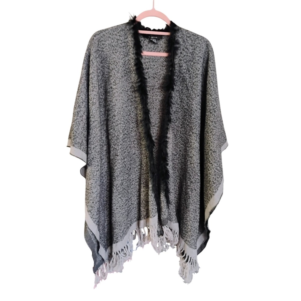 Cejon Genuine Rabbit Fur Trim Shawl Poncho Wrap Cape Gray Black Knit OS Acrylic